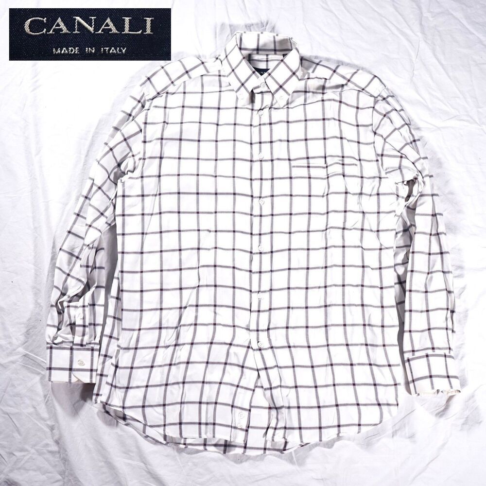 Canali Dress Shirt White Black Plaid Button Up Mens 16.5 Made in Italy